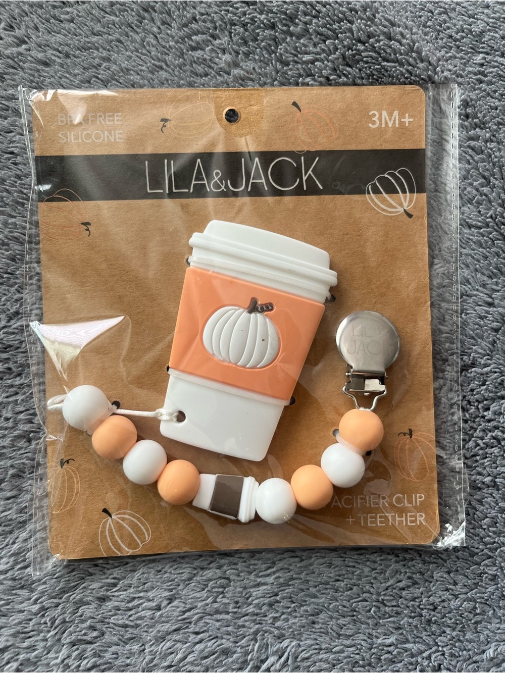 Lila & Jack Pumpkin spiced latte Cup Teether and Pacifier Clip
